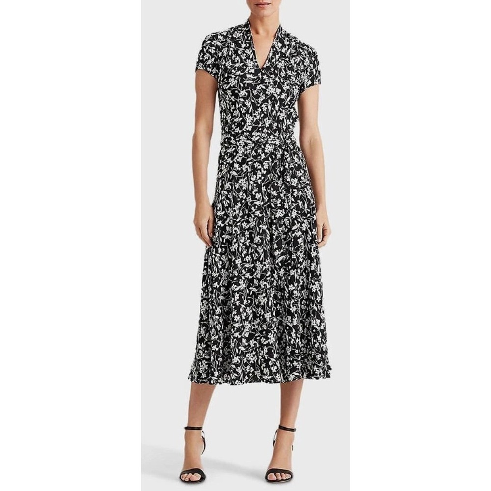 Lauren Ralph Lauren Amit Floral Printed Casual Midi Dress Size 6P Black‎ White